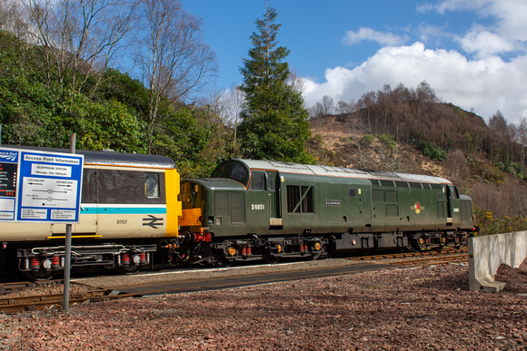 D6851 leading 1Z38 1134 Mallaig - Fort William Charter at Glenfinnan on Monday 8 April 2024