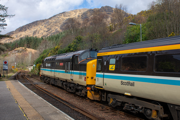 37409 on rear 1Z38 1134 Mallaig - Fort William Charter at Glenfinnan on Monday 8 April 2024